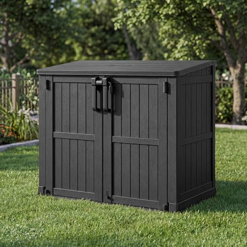 LHBcraft Waterproof Outdoor Storage Box 36 Cu Ft,Portable Horizontal Resin Storage Shed with Lockable Doors,Outdoor Storage Cabinet for Patios - color: Dark-Black, size: 30.1"×52.1"×44.3"