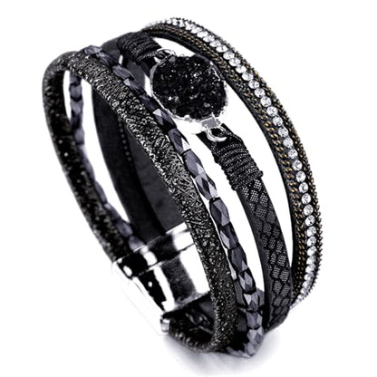 Fesciory Leopard Bracelet for Women, Boho Leather Wrap Multi-Layer Pearl Crystal Bracelet Bangle Jewelry - style: Black Stone(Short)