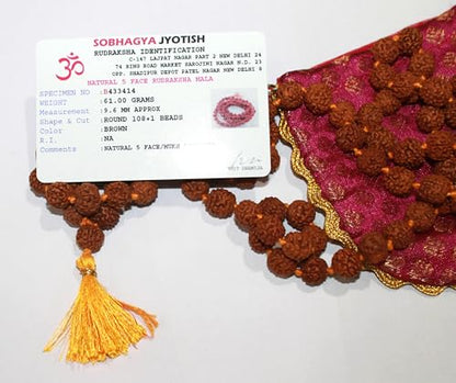 IS4A Nepali 5 Mukhi Rudraksha Mala (108+1 Beads) with Authentication Certificate | Natural Brown Round Beads | Japa & Wearing Mala | 9.6 mm Approx, 55g | Spiritual Meditation Necklace