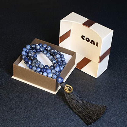 COAI OM Charm Hand Knotted Tassel 108 Mala Beads Necklace - color: Faceted Sodalite, size: 8mm
