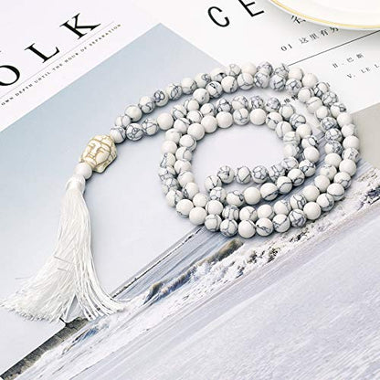 LIUANAN 108 Mala Beads 8mm Natural Bracelet Healing Gemstone Yoga Meditation Hand Knotted Mala Prayer Bead Necklace - color: White Natural Turquoise