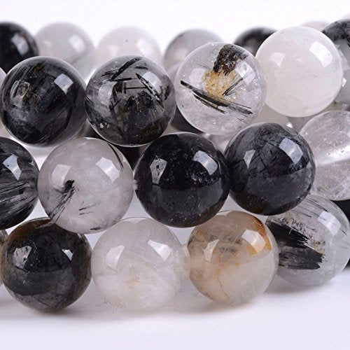 Justinstones Gem Semi Precious Gemstone 10mm Round Beads Stretch Bracelet 7 Inch Unisex - color: Black Tourmaline Rutilated Quartz