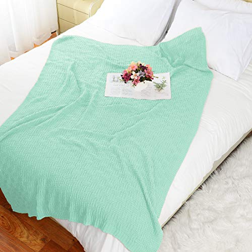 uxcell 100% Cotton Cable Knit Throw Blanket,Soft Lightweight Lap Blanket,Textured Solid Sofa Throw Couch Cover Decors Knitted Blankets, Light Green 50"x 60" - color: Light Green