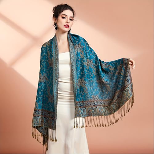Ciormis Two Tone Silky Paisley Pashmina Shawl Scarf,Soft Women's Rave Jacquard Pashminas Wrap Scarves - color: Style1 -Teal 1 Paisley