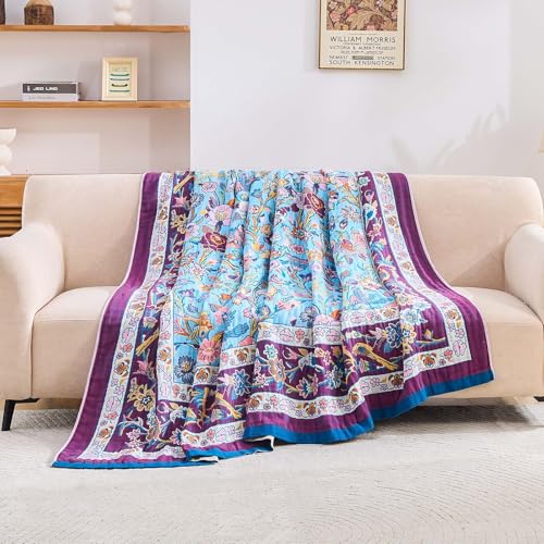 Fall Blanket for Bed, 100% Cotton Soft Rustic Boho Throw Blanket Quilt, 50"x60" Farmhouse Decor Bed Flower Blankets, Light Weight Reversible Bohemian Throw Quilt