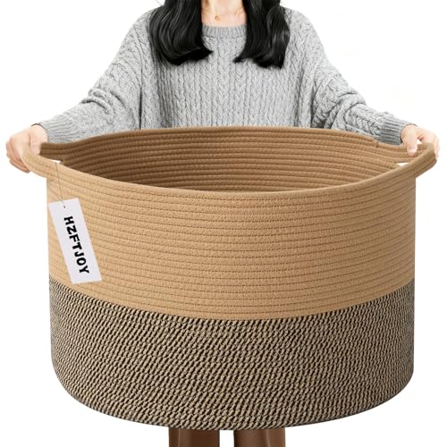 90L Extra Large Blanket Basket,Woven Rope Laundry Basket Hamper with Handles, Decorative Nursery Basket Storage Bin for Toys, Clothes Organizer, Living Room, Bedroom, Bathroom, Jute&Black - color: Jute&Black, size: 21.7"L x 21.7"W x 13.8"H（90L)