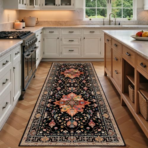 RELEANY Area Rugs Runner 3'x7' Washable Non-Slip, Floral Vintage Distress Medallion Carpet for Kitchen Hallway Bedroom Beside Laundry Room Bathroom, Black Colorful Floral Dark Tan - color: Black/Colorful, size: 3' X 7' (Runner)