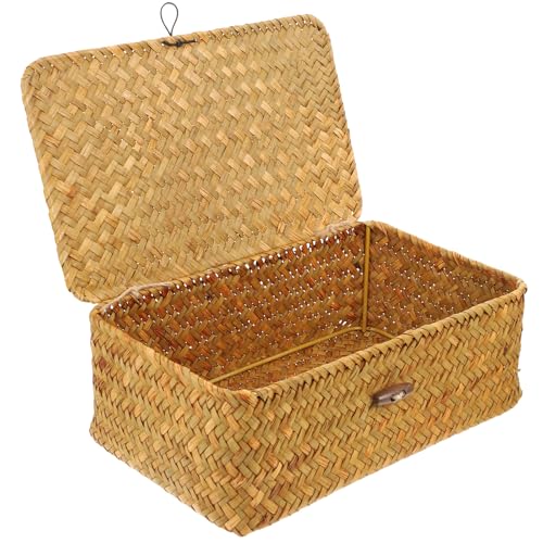 Woven Storage Box with Embroidery Pattern, Rectangular Medium-sized Sundries Organizer, Portable Straw Jewelry and Desktop Storage Case with Lid for Home and Office
