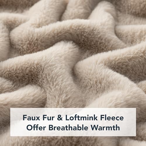 Berkshire Faux Fur Wearable Blanket, Cozy Reversible Loftmink Fleece Shawl with Hood & Side Pockets - color: Grain