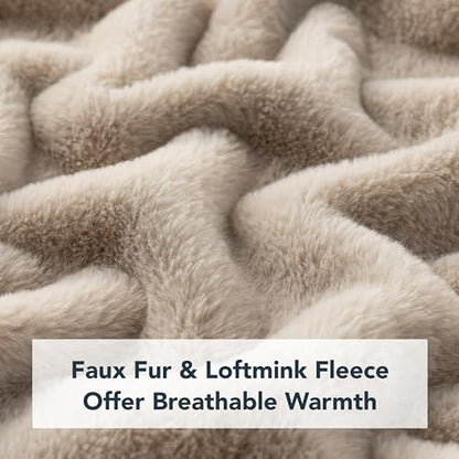 Berkshire Faux Fur Wearable Blanket, Cozy Reversible Loftmink Fleece Shawl with Hood & Side Pockets - color: Grain