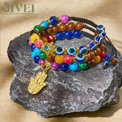 Bivei Chakra Bead Bracelets for Women - 8mm 7 Chakra Bracelet With Real Stones Yoga Gemstone Jewelry 3 Pack - style: #1 Set of 3 khamsah