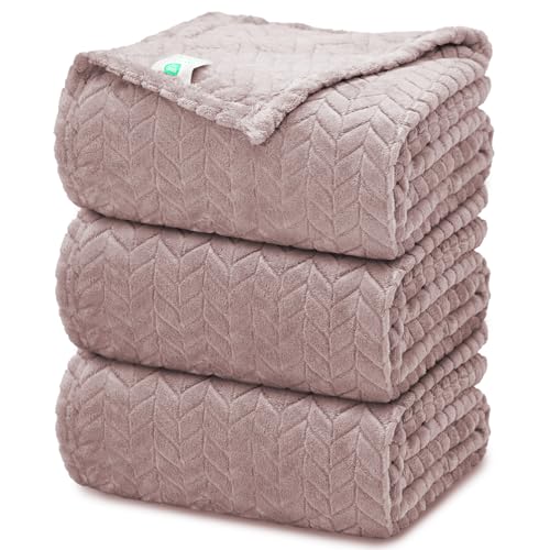 3 PC Flannel FleeceThrow Blanket, 50"x70" | 300GSM Soft Blankets for Couch Bed, No Shedding No Pilling Wedding Decorative Throw, Machine Washable (Pink) - color: Pink