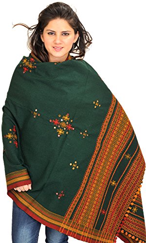 Exotic India Shawl from Kutch with Embroidered Bootis and Mirrors - Wool - color: Bistro Green