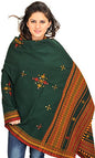 Exotic India Shawl from Kutch with Embroidered Bootis and Mirrors - Wool - color: Bistro Green