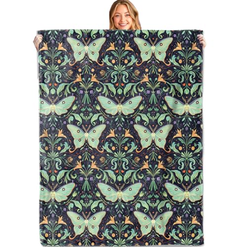 Moth Botanical Throw Blanket, 50x60in, Soft, Lightweight Flannel,Vintage Green Mothes and Floral Pattern on Dark Blankets, Gifts for Women, for Artistic Home Living Room Decor - color: Moth, size: 50x60in