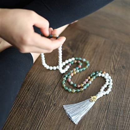 COAI Hand Knotted Tassel 108 Mala Beads Stone Beaded Necklace for Yoga Meditation