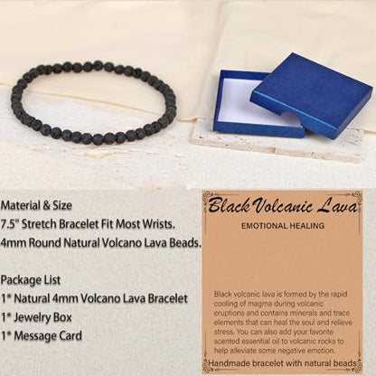 LPBeads Handmade Natural Gemstone Stretch Elastic Bracelet Healing Crystal Round Stone Beads Jewelry Gifts for Women Men - color: Black Lava, size: 4mm