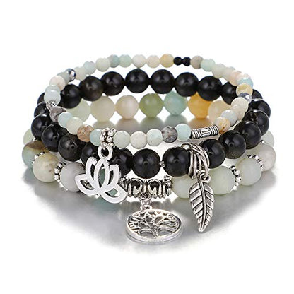 Tree of Life Yoga Healing Stone Bracelets,Multilayer Lotus Chakra Stone Reiki Bracelet Sets,Anxiety Crystal Natural Stone,for Women Stress Relief - style: Cyan White +Jin Yao Stone
