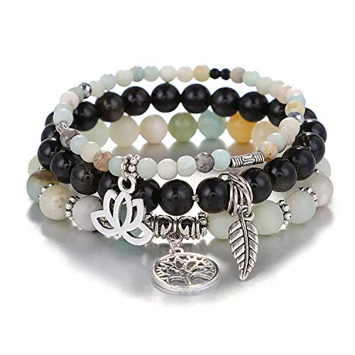 Tree of Life Yoga Healing Stone Bracelets,Multilayer Lotus Chakra Stone Reiki Bracelet Sets,Anxiety Crystal Natural Stone,for Women Stress Relief - style: Cyan White +Jin Yao Stone