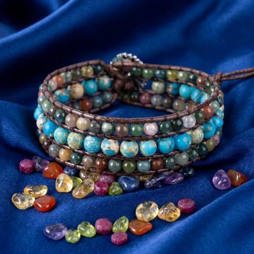 YGLINE Boho Handmade Natural Stone Bead 3 Row Wide Wrap Wrist Statment Bracelet Jewelry Collection - color: agate＆ turquoise