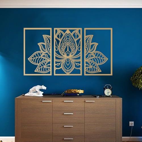 ESTART 3 Pcs Lotus Flower Metal Wall Art Decor, Religion Faith Mandala Home Wall Decoration for Living Room, Bedroom, Office and Yoga Room Hanging Decor (Gold) - color: Gold, size: 32L" x 17W"