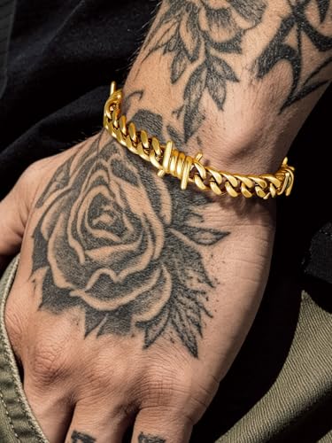 Bandmax Barbed Wire Chain Bracelets for Men Women Stainless Steel/Black/Gold Thorn Cuban Link Bracelet Adjustable Punk Emo Style Jewelry Gift - color: 03 9MM-Gold Plated