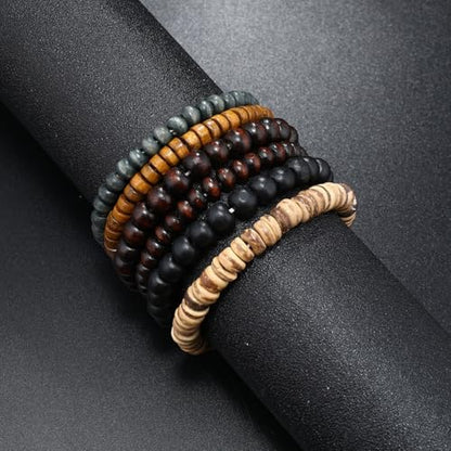 Puka Shell Bracelet for Men Wooden Bracelets Turquoise Stack Beaded Minimalist Trendy Jewelry for Friend Gift - style: 6pcs-Brown