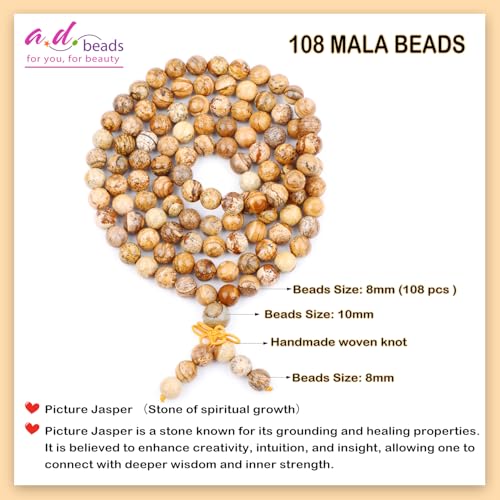 AD Beads 6mm 8mm 108 Prayer Mala Jasper Elastic Bracelet - Handmade Yoga Meditation Healing Power Energy Gifts for Unisex Adult. - color: Picture Jasper(Spiritual)