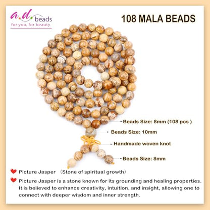 AD Beads 6mm 8mm 108 Prayer Mala Jasper Elastic Bracelet - Handmade Yoga Meditation Healing Power Energy Gifts for Unisex Adult. - color: Picture Jasper(Spiritual)