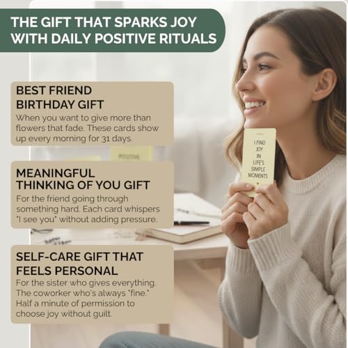 Positive Affirmation Cards with Wood Stand - 31 Daily Affirmation Cards for Women Paired with Joyful Rituals. Gifts for Friends, Birthday, Sisters and Self Care. Wooden Stand Included.