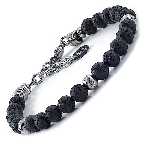 10:10 Lava Stone Bracelet for Men & Women – Natural Beaded Gemstones, Stainless Steel, Adjustable Stretch – Handmade in Italy