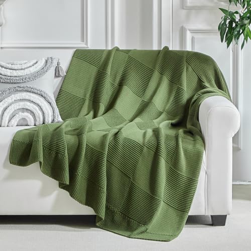 Longhui bedding 100% Cotton Chunky Cable Knit Throw Blanket for Sofa Couch Bed Baby Nursery, Farmhouse Chessboard Grid Woven Blanket with Bonus Laundering Bag, 51 x 63 Inches, Olive Green - color: Olive Green, size: 51” x 63”