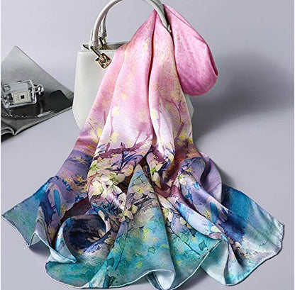 100% Mulberry Silk Long Scarf for Women Large Shawls for Headscarf and Neck- Oblong Hair Wraps with Gift Packed - color: Pink&yellow Blossoms