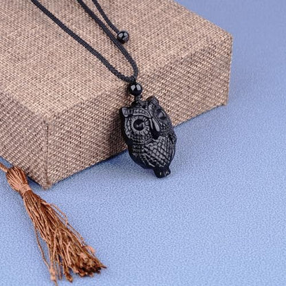 Black Obsidian Necklace Protection Pendant with Extended Bead Chain Healing Crystal Stone Amulet Necklace for Men Women - color: OwlA