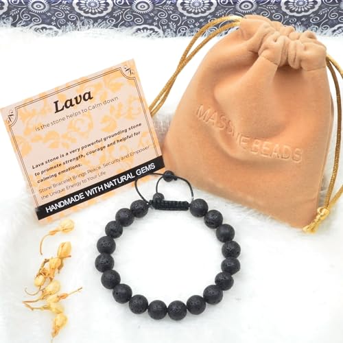 MASSIVE BEADS Handmade Yoga Natural Stone Crystal Healing Power Energy Gifts for Unisex Adult Bracelet Macrame Adjustable - color: Black Lava(Calm), size: 10mm