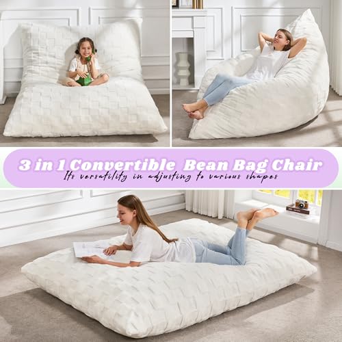 Hobestluk 3 in 1 Bean Bag Chair Giant Bean Bag Chairs for Adults with Plaid Cover Convertible Bean Bag Floor Cushion with Machine Washable Cover for Living Room (Plaid White) - color: Daisy White