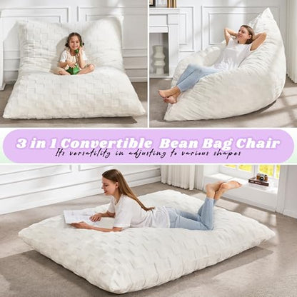 Hobestluk 3 in 1 Bean Bag Chair Giant Bean Bag Chairs for Adults with Plaid Cover Convertible Bean Bag Floor Cushion with Machine Washable Cover for Living Room (Plaid White) - color: Daisy White