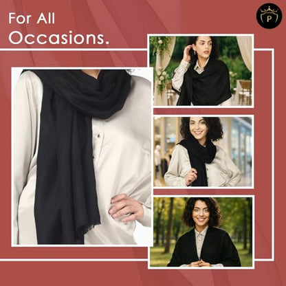 Ultra-Thin Merino Wool Scarf Soft & Warm, Featherlight Cozy Luxurious Shawl For Women, Perfect For Travel - color: Black