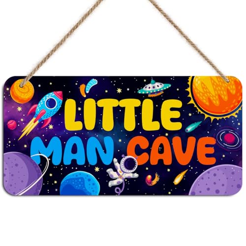 Little Man Cave Sign for Boys Astronaut Decor Wooden Door Sign Wall Decor Nursery Wooden Hanging Sign Wall Hanging Space Themed Bedroom Decoration Toddler Boy Room Gamer Room Decoration for Boys - color: Multi0457