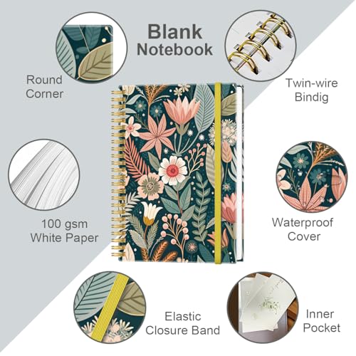 A5 Blank Notebook - 70 Sheets/140 Pages Blank Paper Notebook, 100 GSM Thick White Paper, 5.8" x 8.3" Spiral Blank Journal, Flower-B - size: 1-Pack, style: Flower-B
