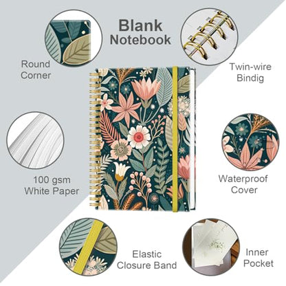 A5 Blank Notebook - 70 Sheets/140 Pages Blank Paper Notebook, 100 GSM Thick White Paper, 5.8" x 8.3" Spiral Blank Journal, Flower-B - size: 1-Pack, style: Flower-B