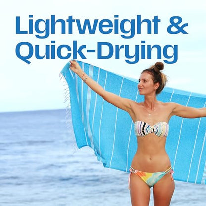 Lina Turkish Beach Towel Peshtemal (38" x 71"), Sand-Free, Large & Quick-Dry, Lightweight Pool Towels for Travel, Soft 100% Turkish Cotton & Pre-Washed, Ideal for Spa or Bath, Turquoise - color: Turquoise