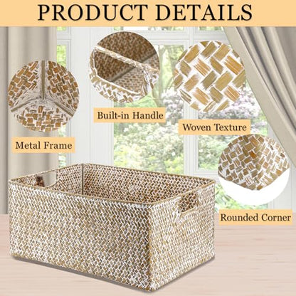 Hipiwe Seagrass Storage Basket Bin Rectangular Handwoven Wicker Storage Box with Handle Opened Baskets Box for Shelf Organizing Closet Bathroom, 15.7" L x 11.8" W x 7.5" H
