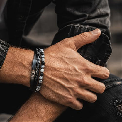 Premium Men’s Bracelet | Leather Bracelet for Men | Beaded Bracelets Black Onyx & Tiger-Eye Beads | Brown Leather Jewelry with Adjustable Stainless-Steel Clasp | Gift Dad Husband Son Boyfriend - color: Black/Grey