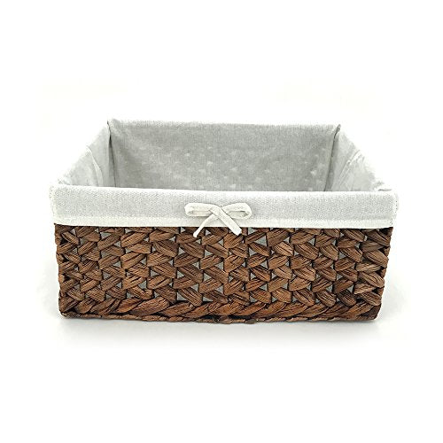 Water Hyacinth Storage Basket Small with Metal Frame & Removable Liner, 11.8”×7.9”×5.5” Rectangular Woven Organizer Bin for Bathroom Vanity, Desk, Nursery, Closet, Home Organization