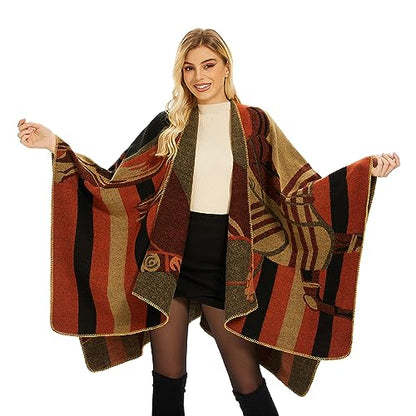 Shawl Wraps for Women, Elegant Knitted Cape Open Front Poncho Scarf Blanket Cardigan Coat for Spring, Autumn, and Winter - color: Orange Black