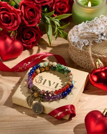 Bivei Natural Semi Precious Gemstone beads bracelet for women - Life Tree and Leaf Charm Energy Reiki Crystal Stretch Bracelets - color: # 7 chakras bracelet set- Bronze, size: Medium:6.8-7.24inch