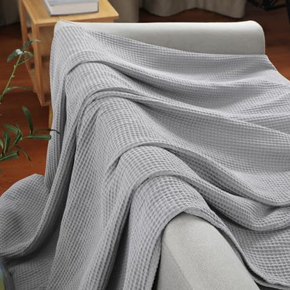 100% Cotton Waffle Blanket (Gray - Throw Size - 50 * 60''), Pre-Washed and Anti-Shrinkage Soft Lightweight Bed & Couch Blanket, 380 GSM Waffle Weave Throw Blanket for All Seasons - color: Light Grey, size: Throw (50"*60")