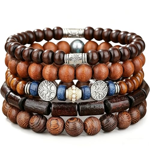 5pcs Wooden Bead Bracelet Set with Charm and Tassel for Men & Women - Stackable Boho Bracelets, Amber Color Scheme Adjustable Bracelet - color: Brown Blue Green