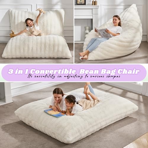 Hobestluk 3 in 1 Bean Bag Chair Giant Bean Bag Chairs for Adults with Ripple Cover Convertible Bean Bag Floor Cushion with Machine Washable Cover for Living Room (Ripple White) - color: Rice White